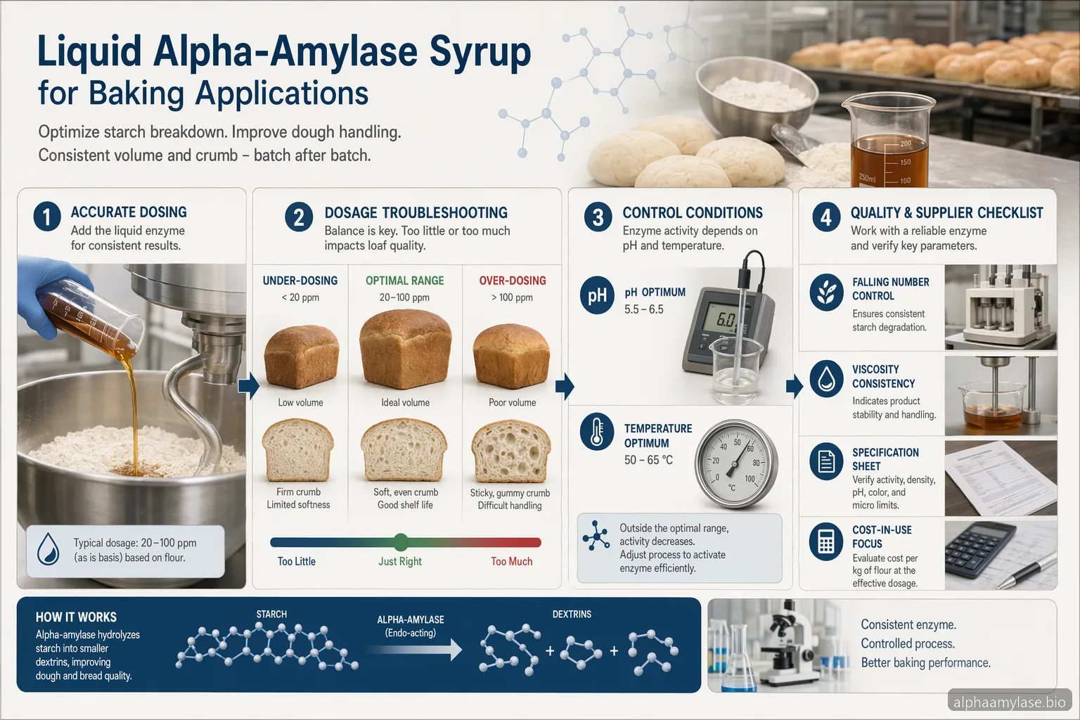 Alpha Amylase Sirop for Baking: Dosage, pH, Temperature, and Troubleshooting — at-a-glance summary