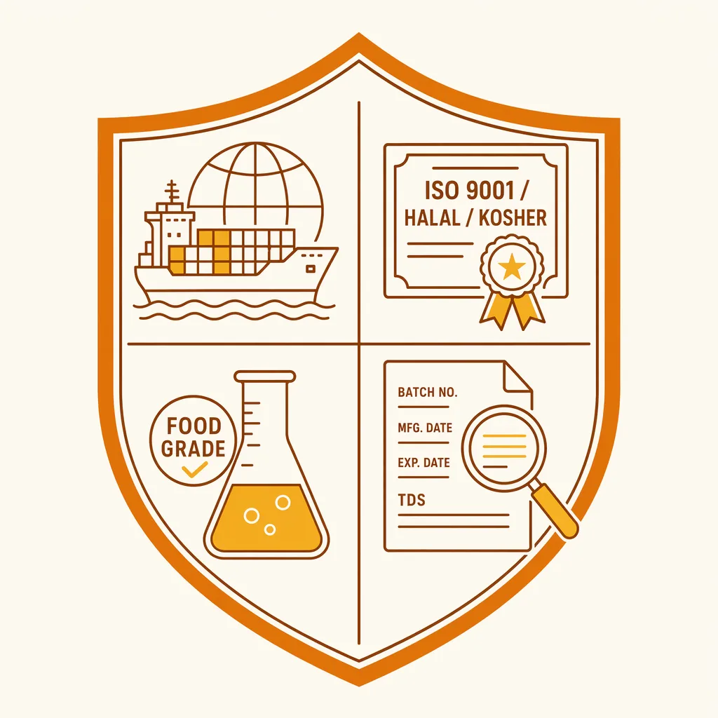 Alpha-Amylase quality & certifications badge — ISO 9001, HALAL, KOSHER, Food Grade